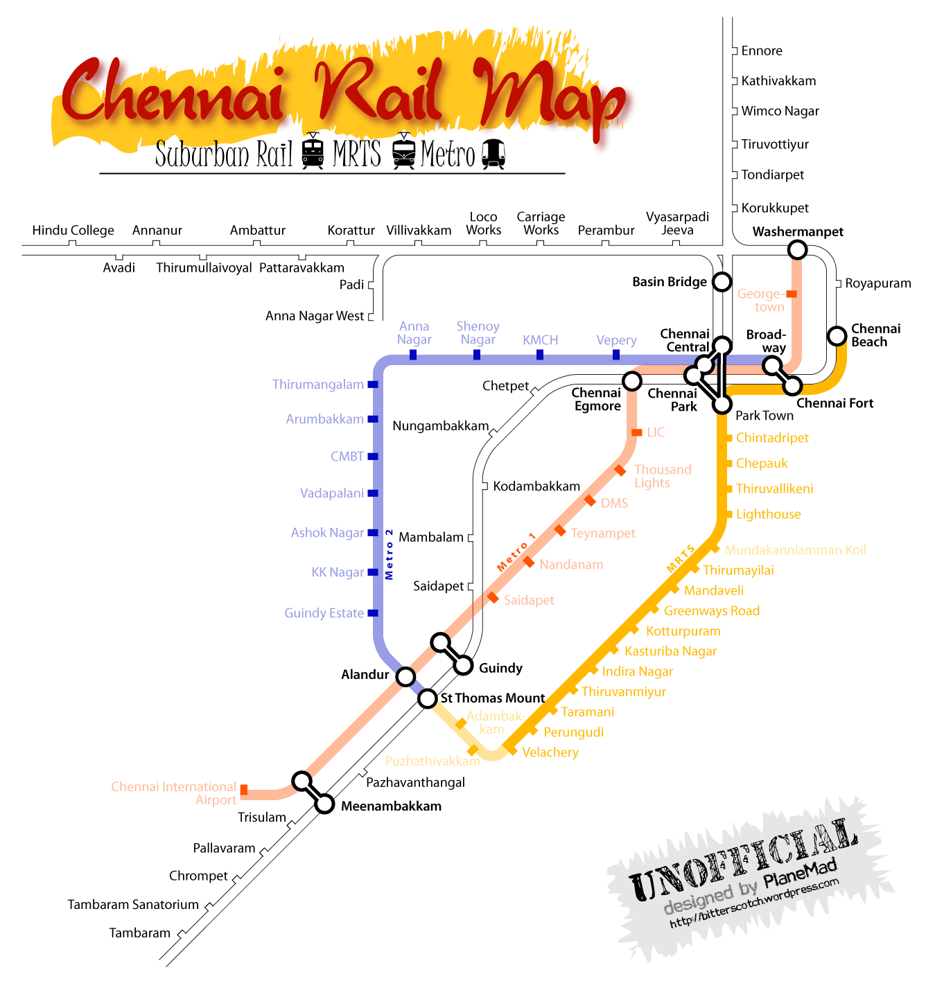 Map of the Chennai metro, chennai mrts and the chennai suburban ...